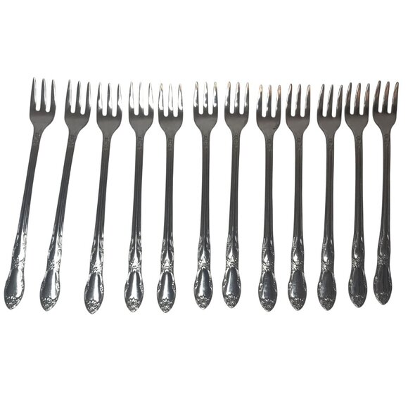 Wm A Rogers Stainless Steel Cocktail Forks Set Of 12 With Floral Handle Design - Picture 1 of 4